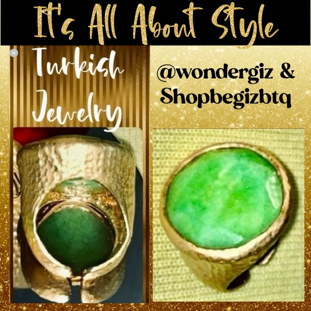 🆕Turkish Jewelry Ring In Gold Bath Over Metal With Stunning Green Chatee Stone